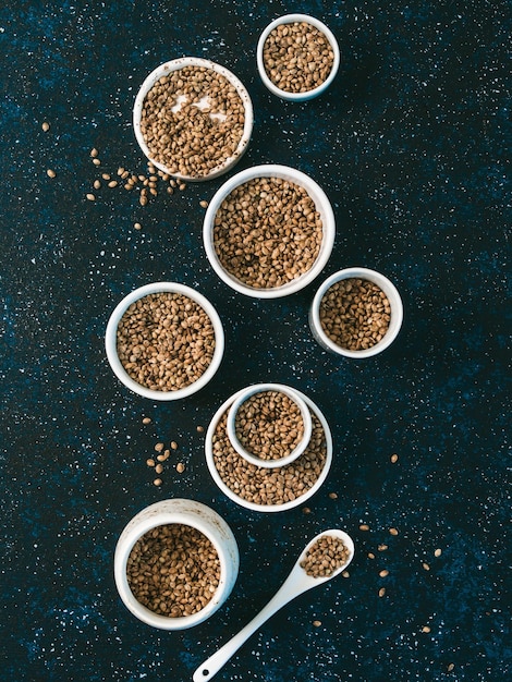 Hemp seeds flat lay vertical