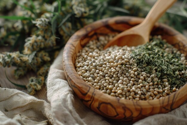 Hemp seeds superfood with fiber omega 3 and cannabis