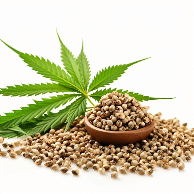 Photo hemp seeds with cannabis plant in close up