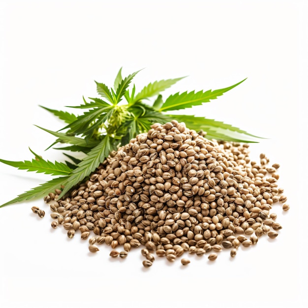 Hemp seeds with cannabis plant in closeup