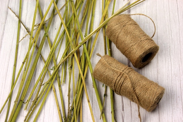 明るい黄麻布の背景に麻の茎