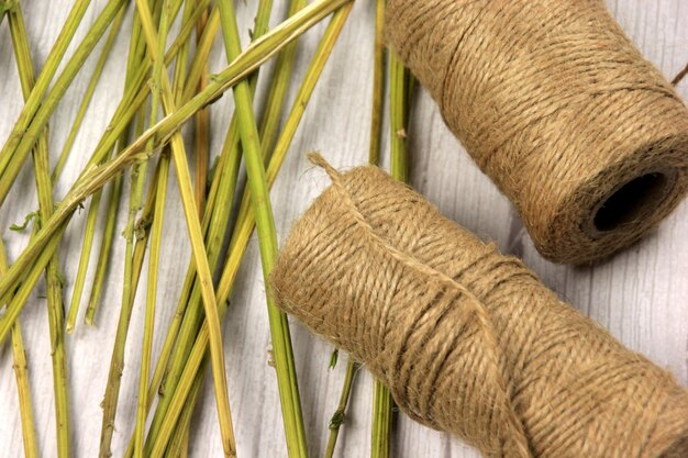 明るい黄麻布の背景に麻の茎