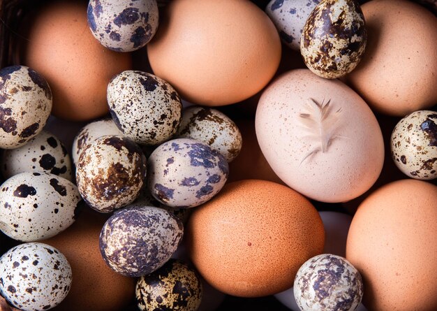 Foto gallina pollo e uova di quaglia sullo sfondo