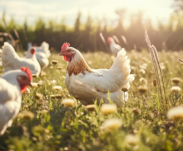 목초지 생성 AI에서 햇빛을 즐기는 암탉과 닭