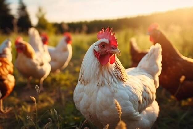 hen and chicks outdoor pasture scene in the sun generative ai
