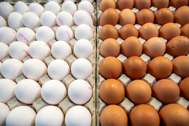 Hen eggs on display in a supermarket