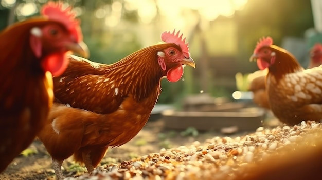 Hen eten wormen voeden eiwitten voor kippen Eco-biologische kippenboerderij