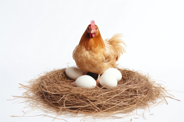 A hen stands on her eggs in a nest.