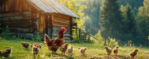 A hen with chicks on the grass in front of a wooden house