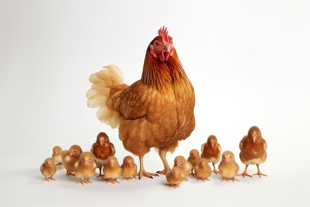 A hen with chicks on a white background