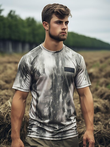 Henley camouflage T-shirt in een militair oefenterrein met schoon blanco wit fotoshoot-T-shirt