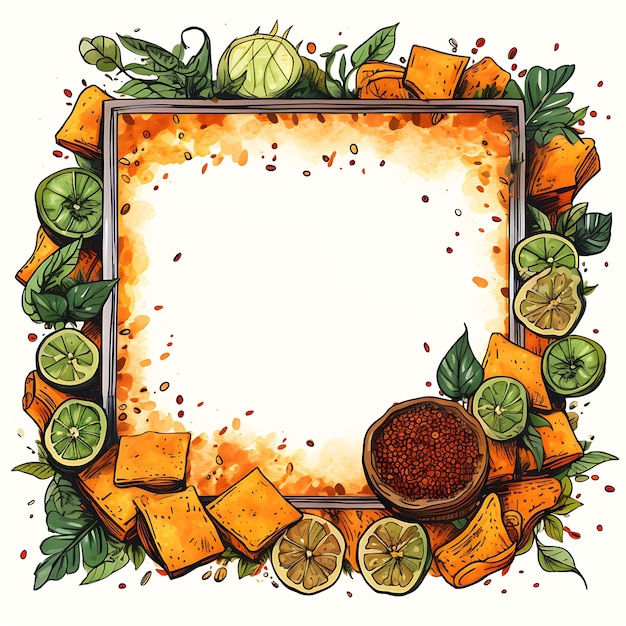 Henna Inspired Frame With Bhel Puri Snack Tamarind Chutney a watercolor Style Of Indian Culture