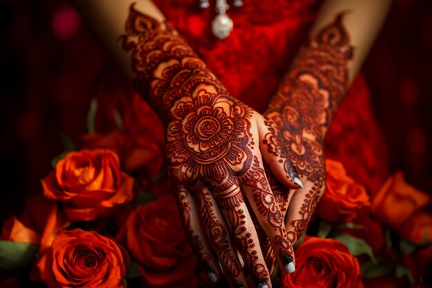 Henna painting mehendi on brides hands background Generated AI