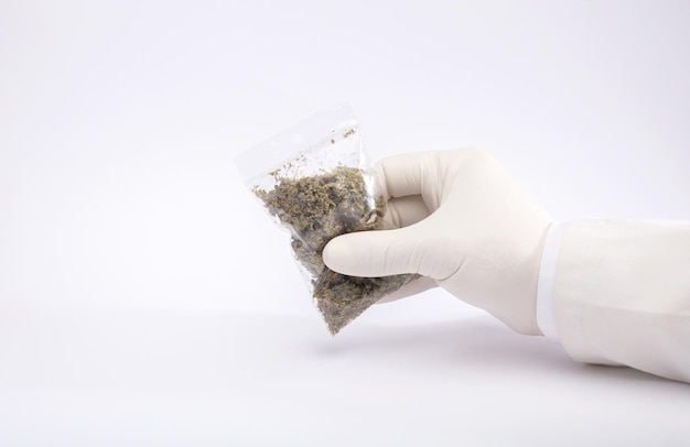 Hennep en drugs zak marihuana in handen levering gebaar witte achtergrond