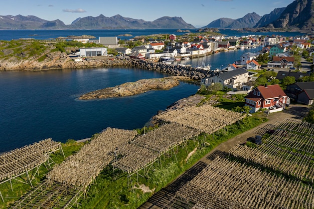 Henningsvaer Lofoten is an archipelago in the county of Nordland, Norway. Is known for a distinctive scenery with dramatic mountains and peaks, open sea and sheltered bays, beaches and untouched lands