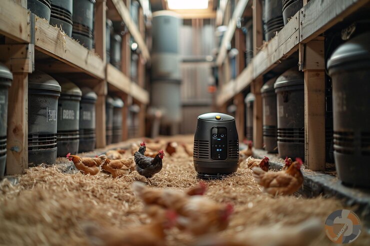 Photo hens in a barn with heaters providing warmth and comfort during a chilly mornin