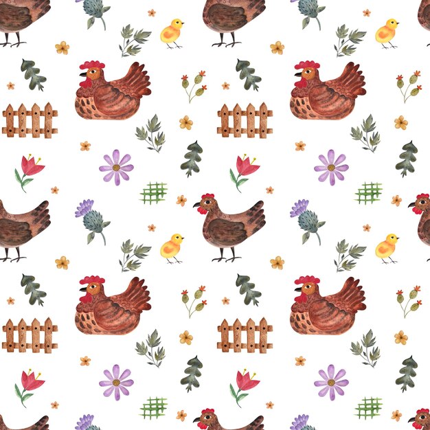 Hens and cockerels watercolor illustration seamless pattern