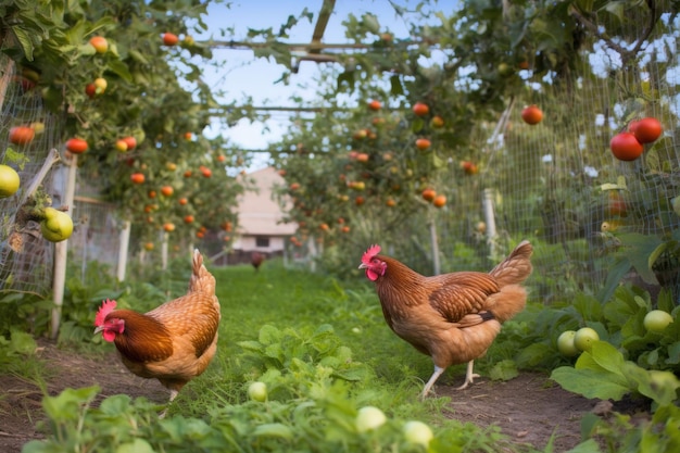 Hens exploring a vegetable garden or orchard created with generative ai