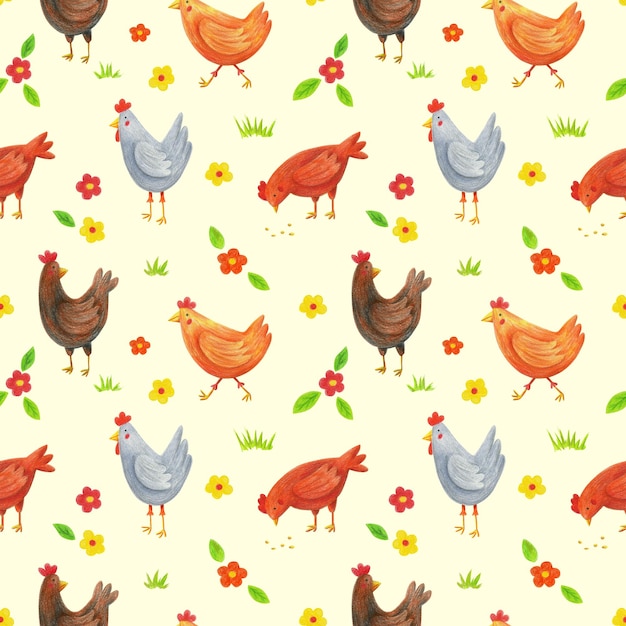 Photo hens seamless pattern on ivory background hand drawn with color pencils chicks repeat print