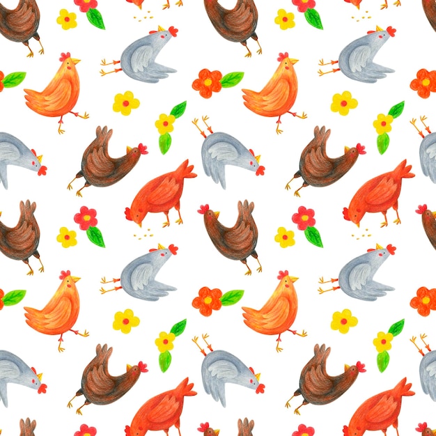 Hens seamless pattern on white. Hand drawn with color pencils chicks, flowers, leaves repeat print.