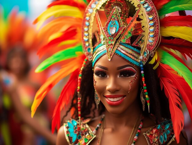 Her beauty enchants all shot of a samba dancer performing in a carnival