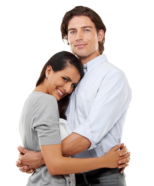 Her Prince Charming Portrait of a young couple embracing isolated on a white background and embracing