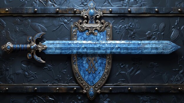 The heraldic coat of arms with a blue royal shield is a 3D digital illustration of the rune swords