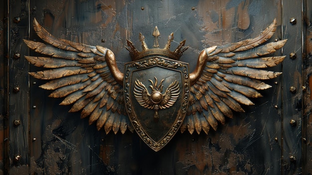 The heraldic crest has bronze wings with spiked shields