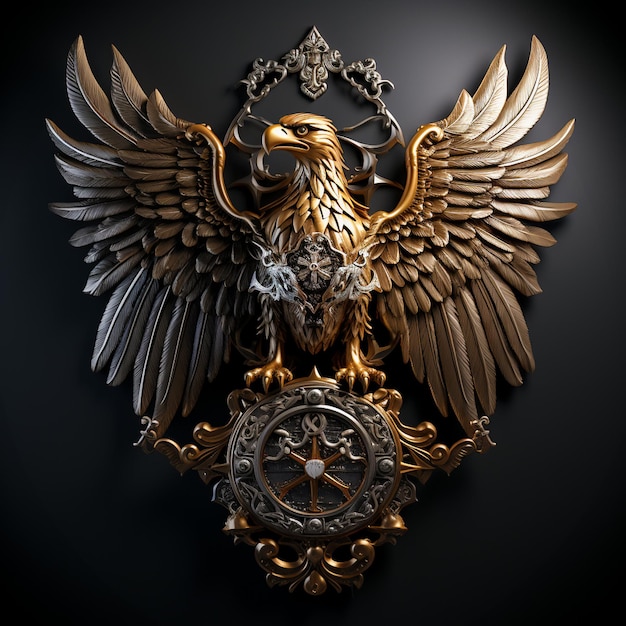 Foto testa araldica dell'aquila reale su sfondo nero stemma logo stilizzato cerchio medievale