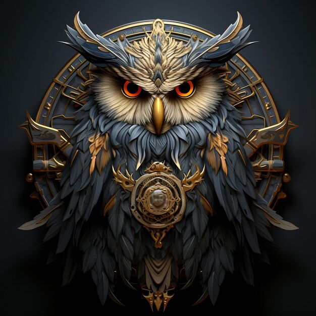 Photo heraldic golden owl on black background coat of arms stylized logo medieval circle