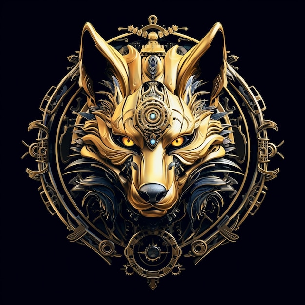 黒の背景に紋章の金色の狼の紋章様式化されたロゴ中世の円