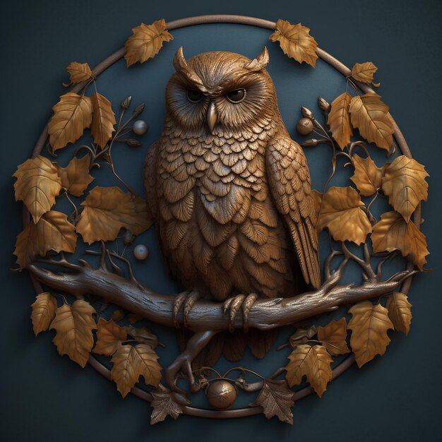 the heraldic very simple smart owl and oak leaves highly detailed