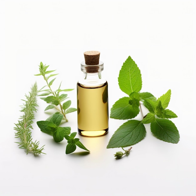 Herb essential oil aroma bootle and leaf Generative Ai