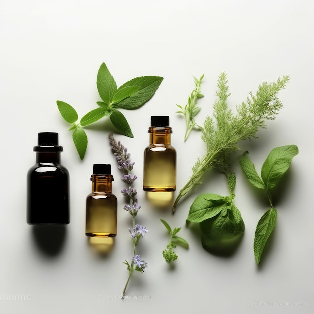 Herb essential oil aroma bottles and leaves