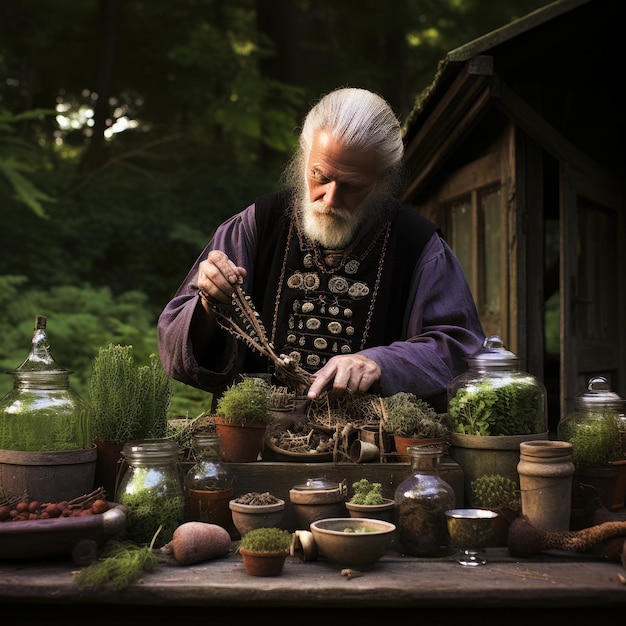 Herb garden tended by a wise apothecary