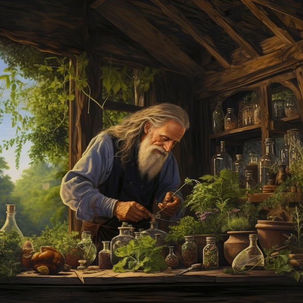 Herb garden tended by a wise apothecary