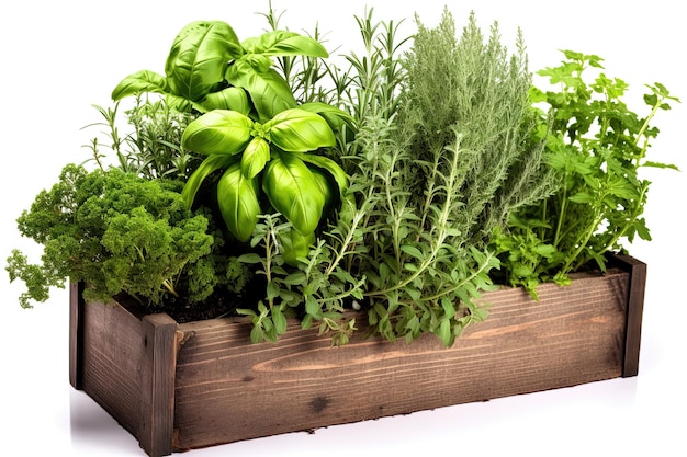 Herb leaf sprigs of rosemary basil oregano golden marjoram mint varieties in an old rustic