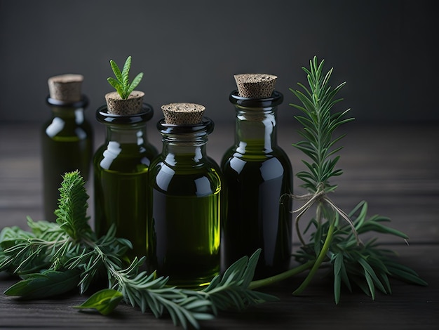 Herb oil bottles homeopathy herbs ai generative