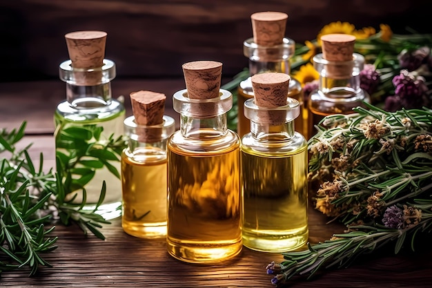 Herb oil bottles of homeopathy herbs Generative AI