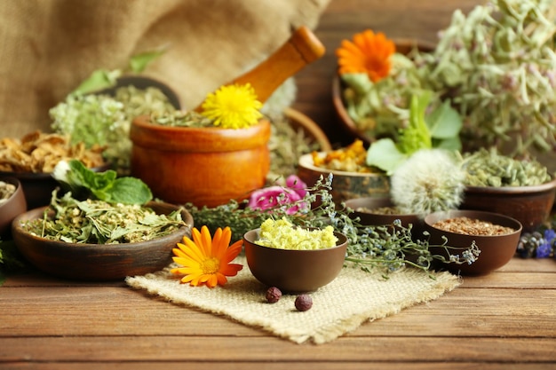 Herb selection used in herbal medicine in bowls on wooden table