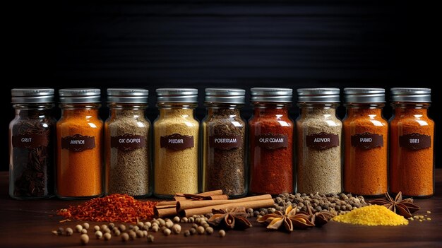 Herb and spice selection over old oak wood background