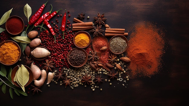 Herb and spice selection over old oak wood background