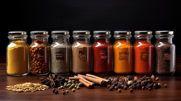 Herb and spice selection over old oak wood background