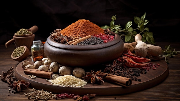 Herb and spice selection over old oak wood background