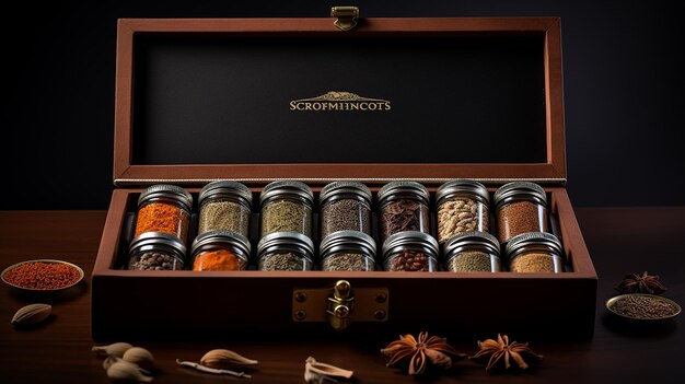 Herb and spice selection over old oak wood background