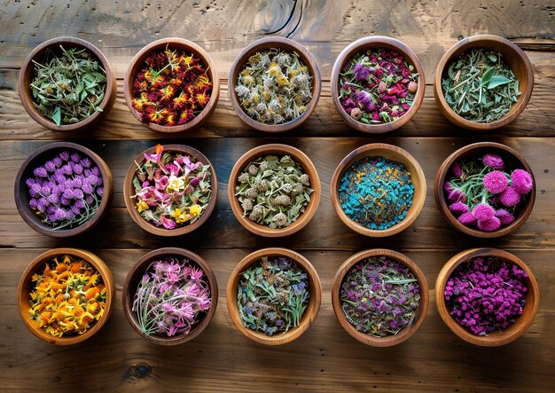 Photo herbal bowls on wooden background