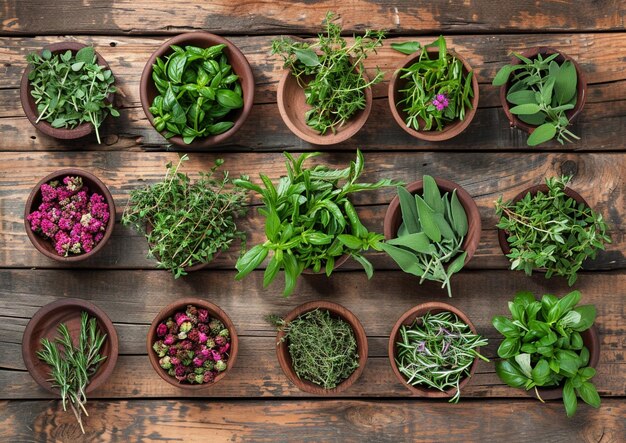 Photo herbal bowls on wooden background