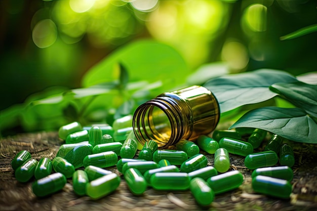 Herbal capsules and green leaves on wooden table with blurred background Capsules herb supplements on green leaves background AI Generated