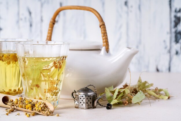 Herbal chamomile and linden tea