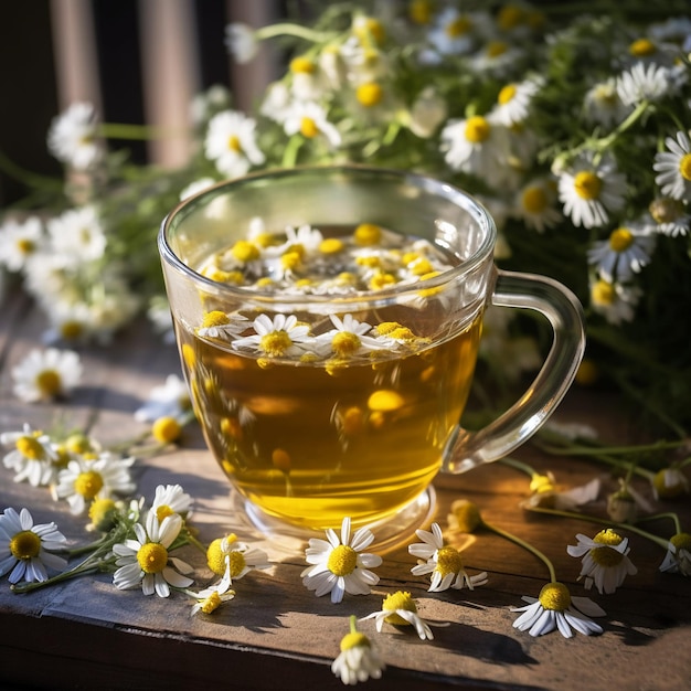 Herbal chamomile tea in glass mug with chamomile flowers on wooden table in sunlight healthy drinks